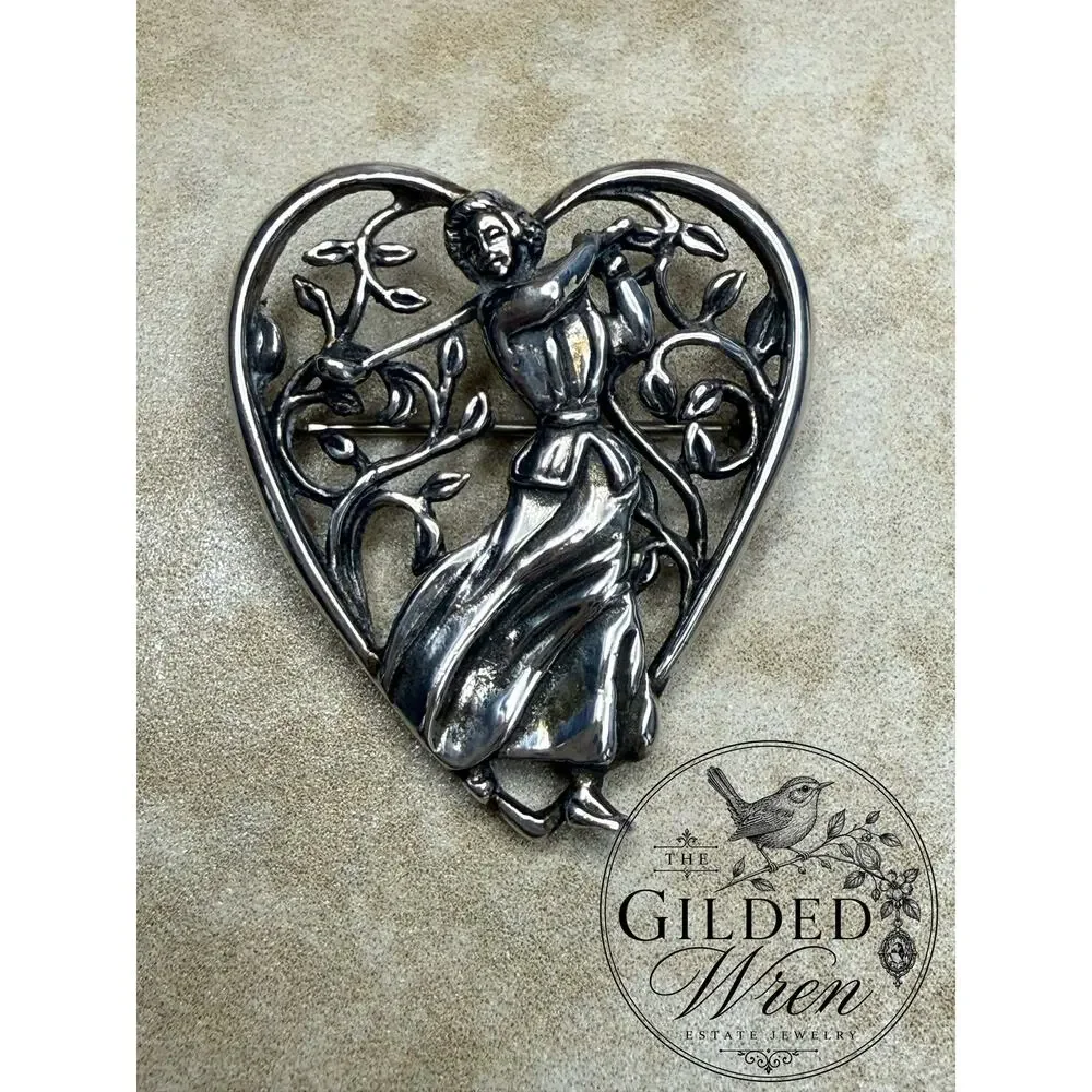 Vintage H&H Sterling Silver Lady Golfer Heart Brooch Pin Art Nouveau Golf Gift